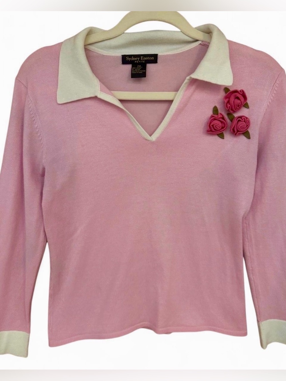 Sydney Pink Easton Polo-Style Long Sleeve Top with Rose Appliqués